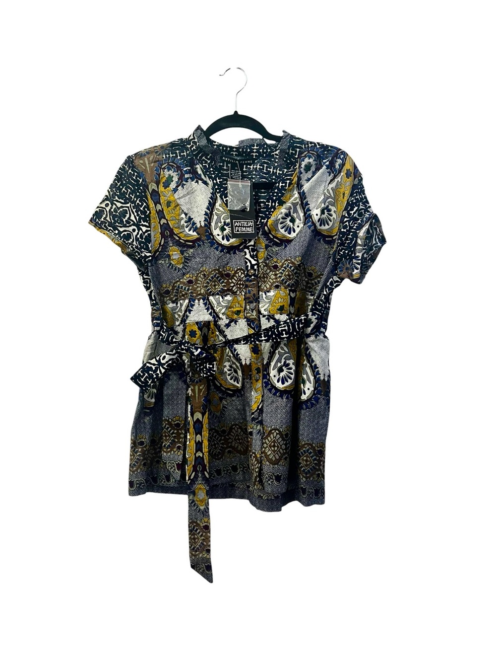 Antilia Femme Anthro Black Navy & Mustard Mixed-Print Tie-Waist Light Blouse XL